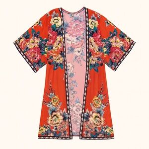 Flying Tomato Orange Red Floral Kimono Duster Cardigan Cover Up Size S/M